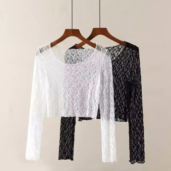 Big Neckline Long Sleeve Lace Stretch Slim Short Chic Crocheted Top